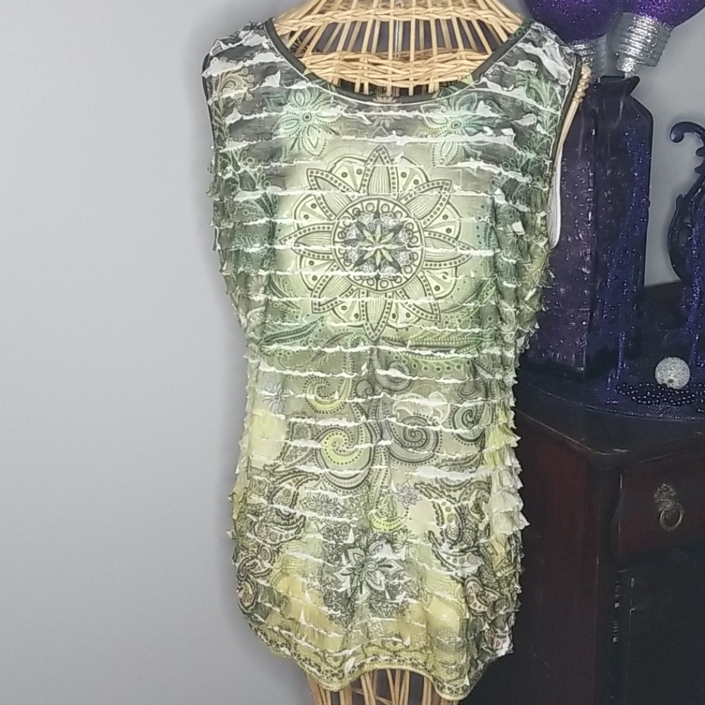 Janeric Medium Bohemian Green and Black Ruffles Sleeveless Top